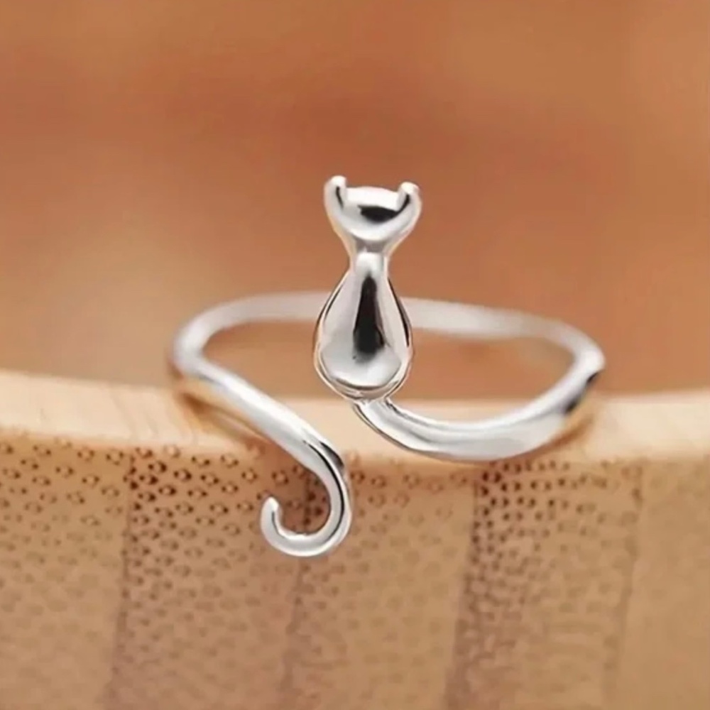 Silver Cat Kitty Cuff Ring